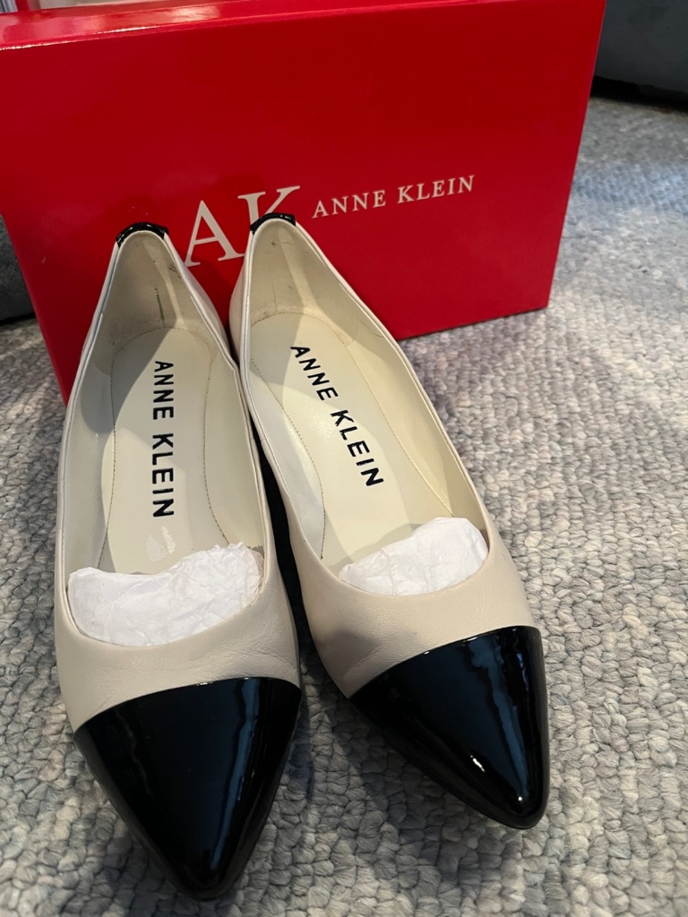 Anne Klein Two-Tone Pointed Toe Flats in Cream and Black Patent